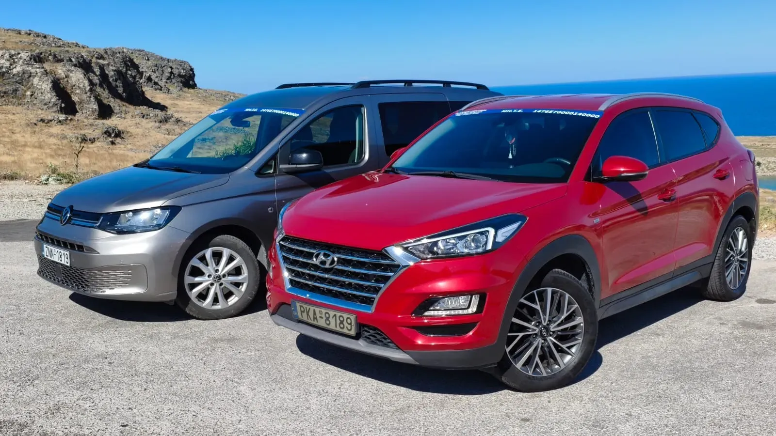 Rhodes Central Hyundai Tucson and Volkswagen Caddy transfer vehicles on the Rhodes coast